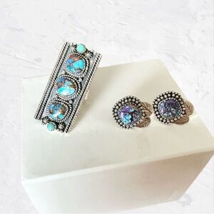 New Sterling Silver Turquoise Jewelry Set Adjustable Ring Size 8 & Earrings